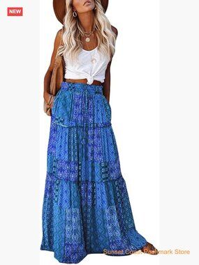 Boho Maxi Skirt with Pockets High Waist Tie Flowy Long Skirt Beach Vacation